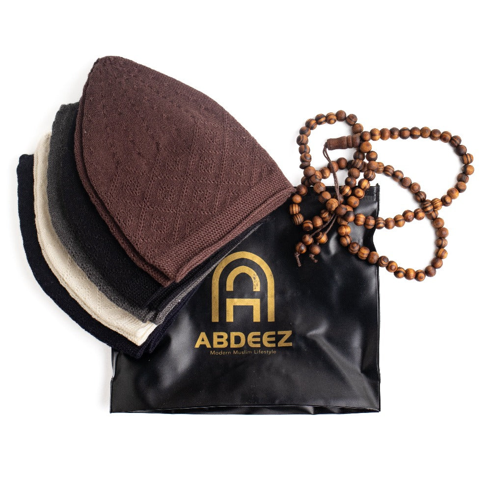 ABDEEZ Prayer Cap Collection (Pack of 5) + Wooden Tasbeeh (Not for Use)