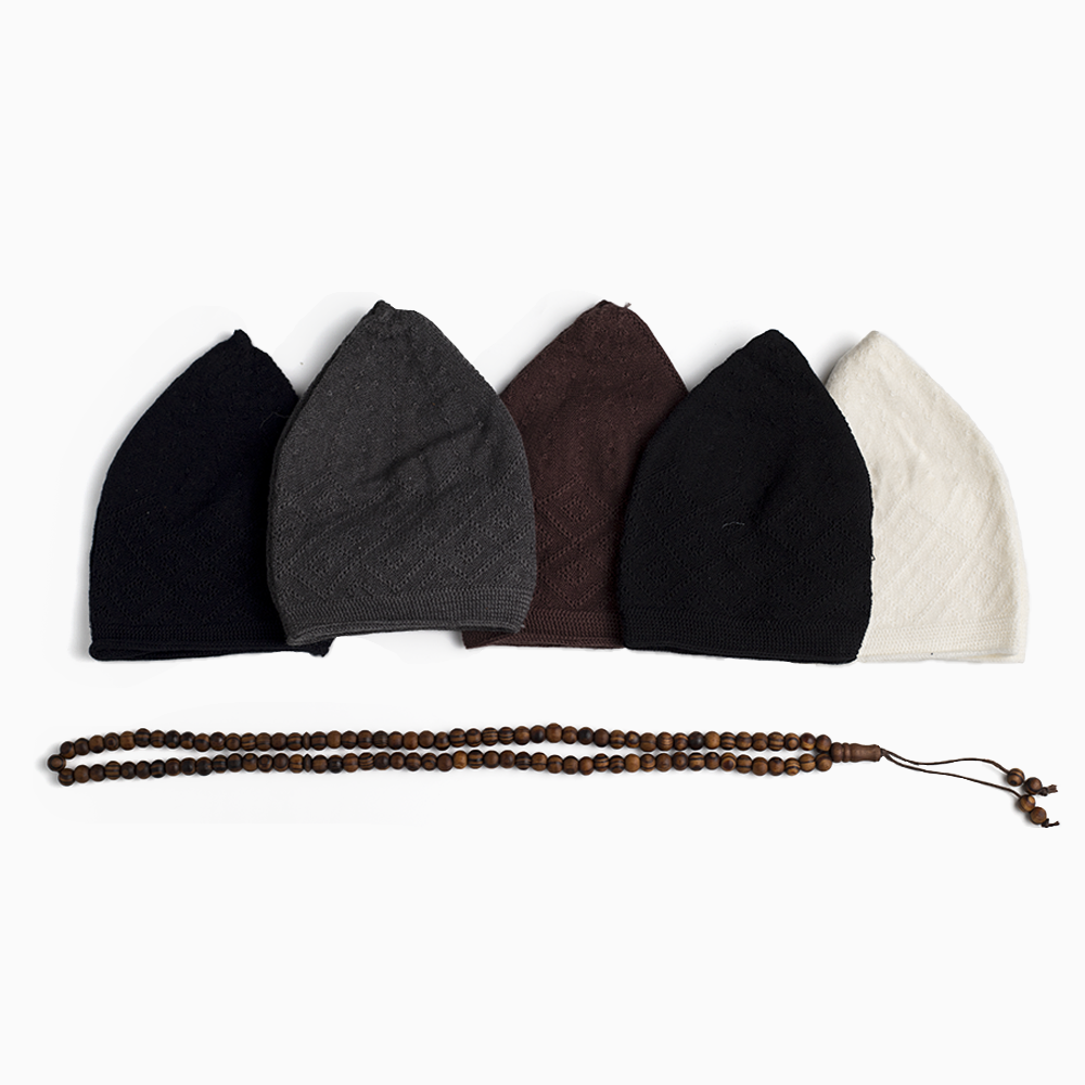 ABDEEZ Prayer Cap Collection (Pack of 5) + Wooden Tasbeeh (Not for Use)
